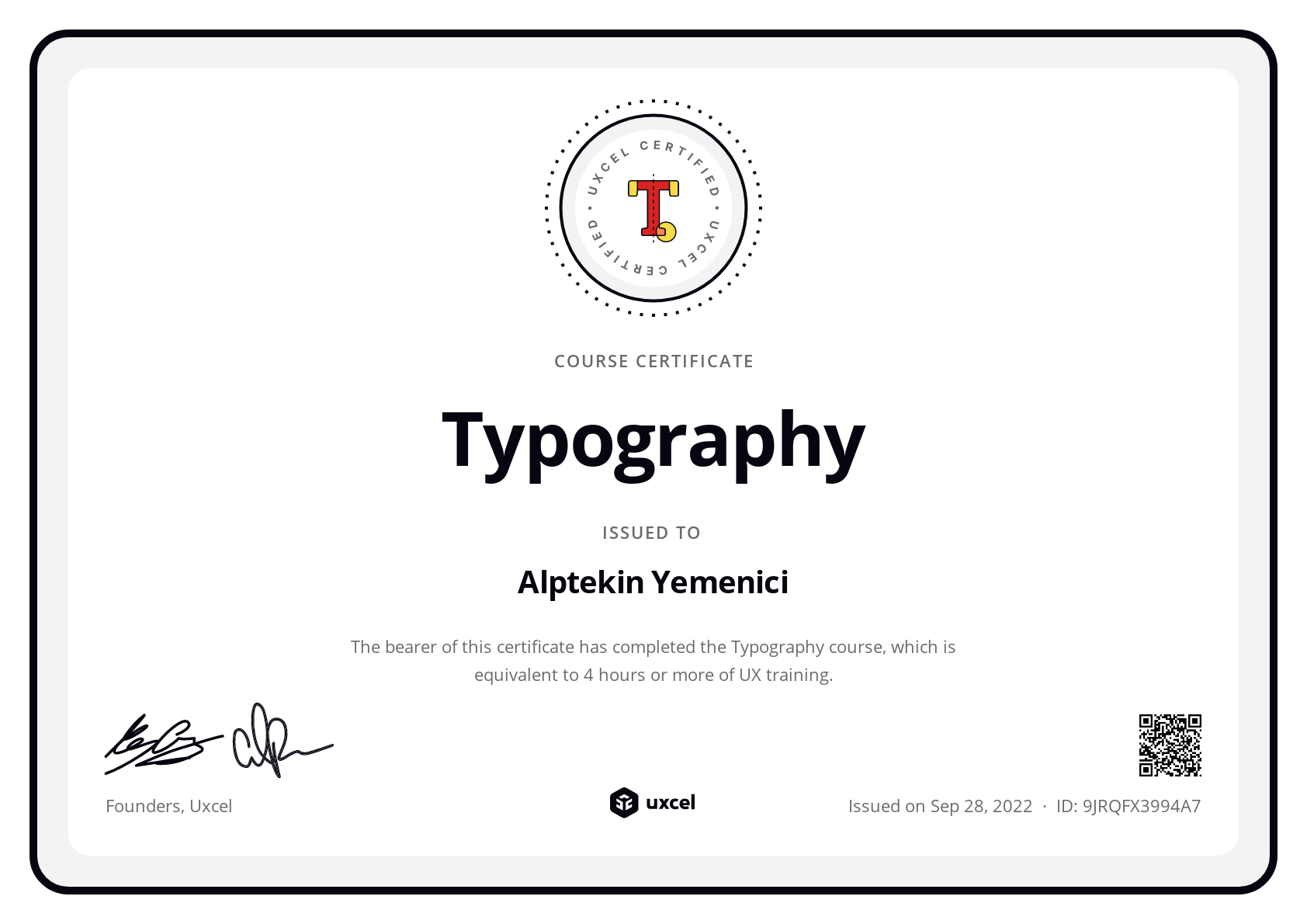 Alptekin Yemenici's certificate